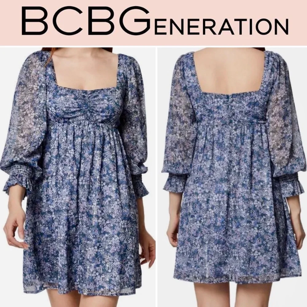 BCBG BABYDOLL FLORAL DRESS,MINI LENGTH, SIZE 6. BALLOON SLEEVES, SQUARE NECKLINE - Picture 3 of 16